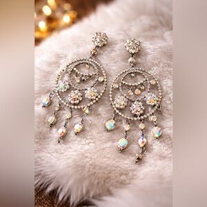 Vintage AB Aurora Borealis Statement Dangle Earring Rainbow Crystal Dreamcatcher